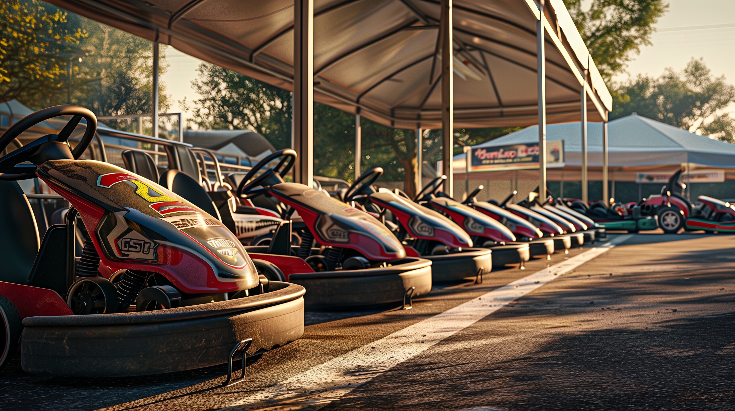 A row of go-karts lined up under a canopy, ready for racing.
