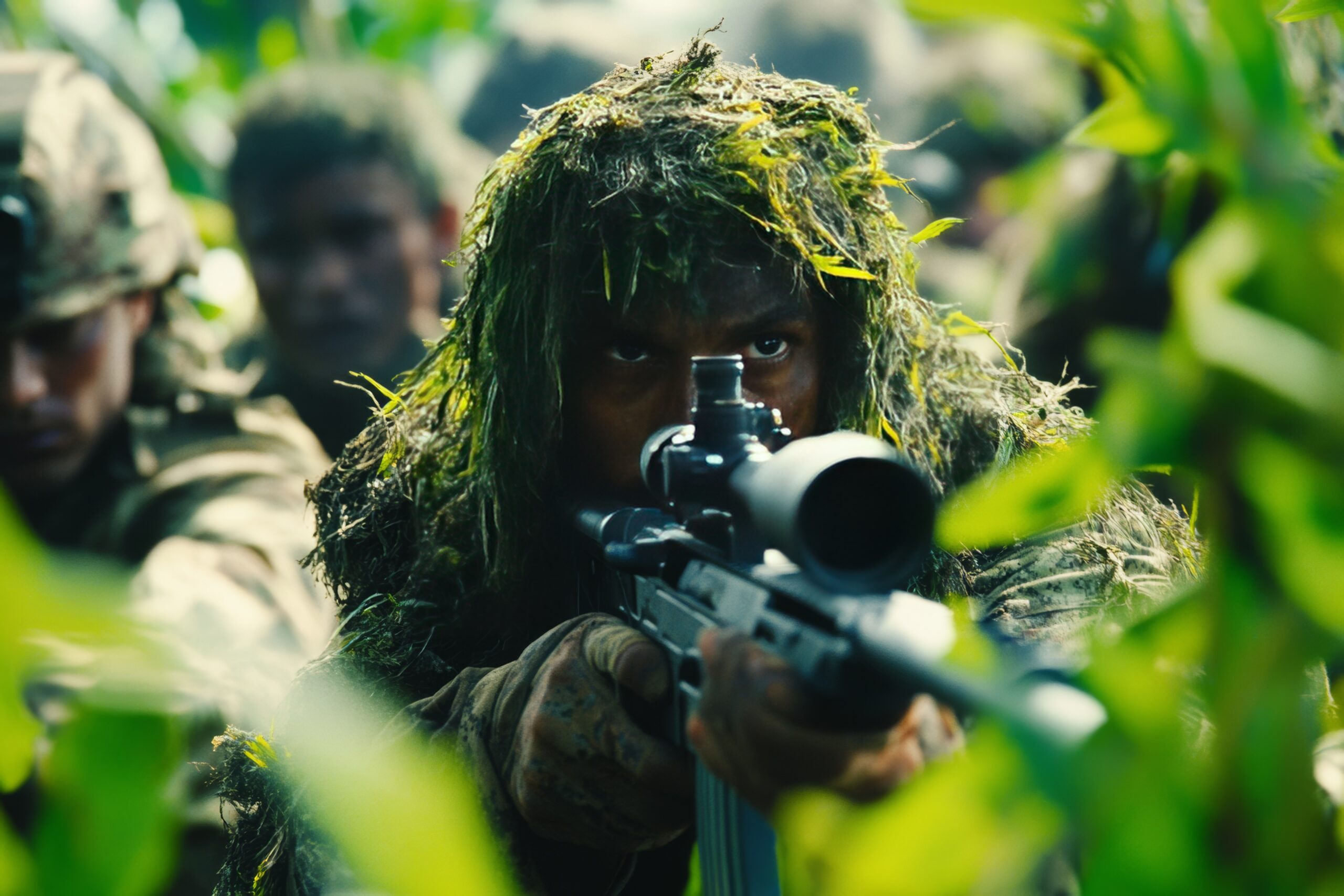 A sniper in ghillie suit waiting for enemy in a forest.